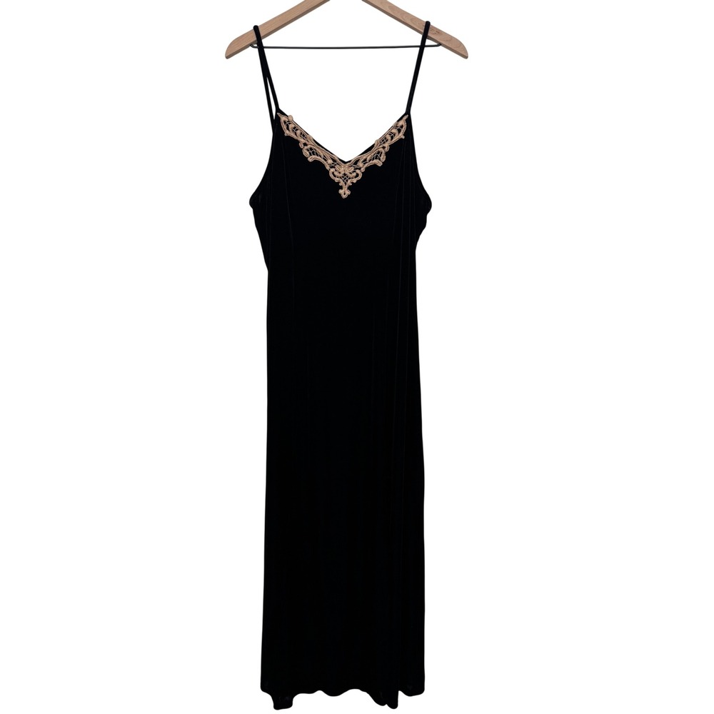 Vintage Delicates Black Velvet Maxi Slip Dress Gold Lace Trim Slit 90s Goth L